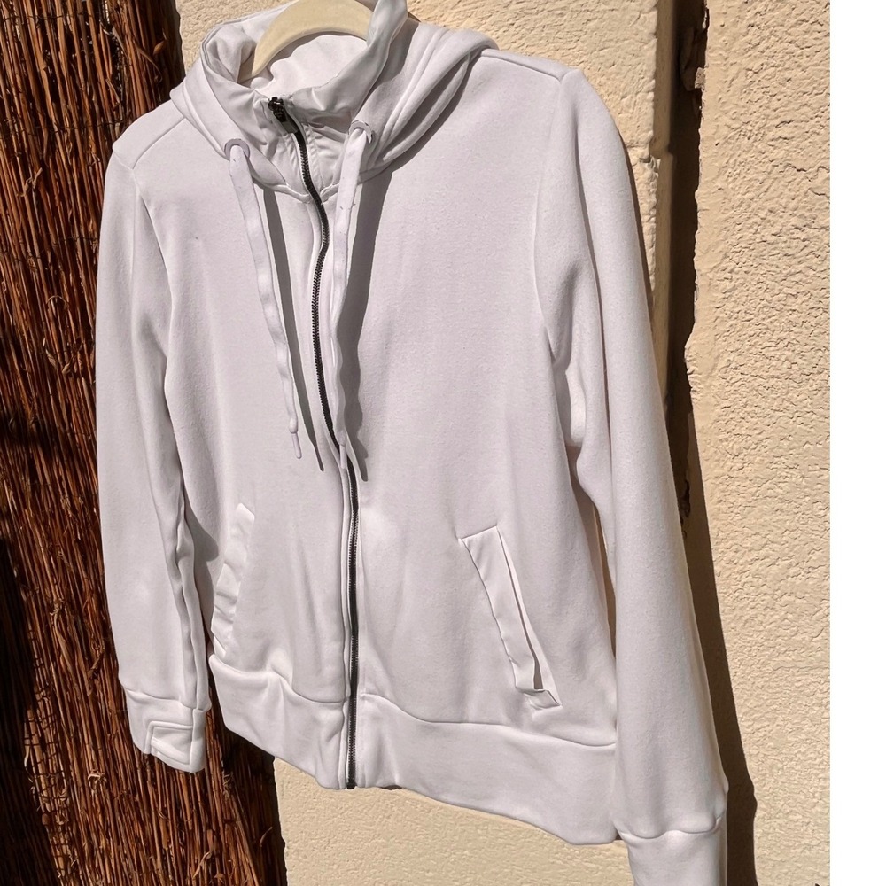 Womens XL White Full Zip Athletic Hoodie Plush Lined Stretch Jacket Thumbholes - Picture 4 of 8